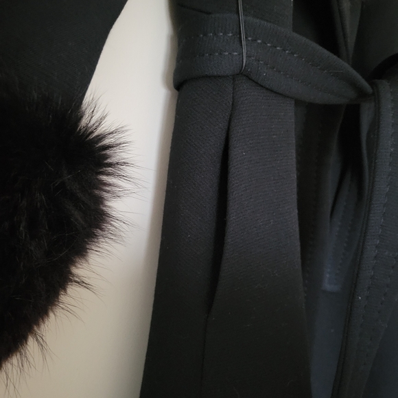 Vintage 70s Penny Lane Style Black Wool Trench Coat with Fur Trim - Picture 6 of 11